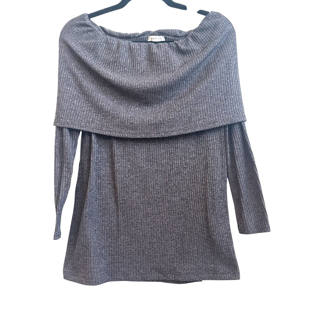 Viamor Gray/Plum Stretchy Off Shoulder Long Sleeve Ribbed Overlay Blouse